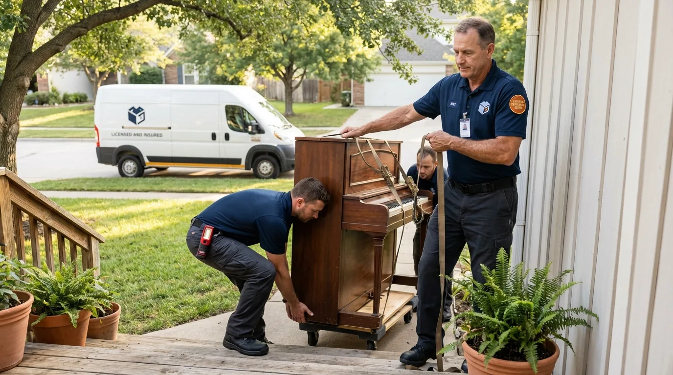 Licensed piano movers securing grand piano in Shinglehouse, PA