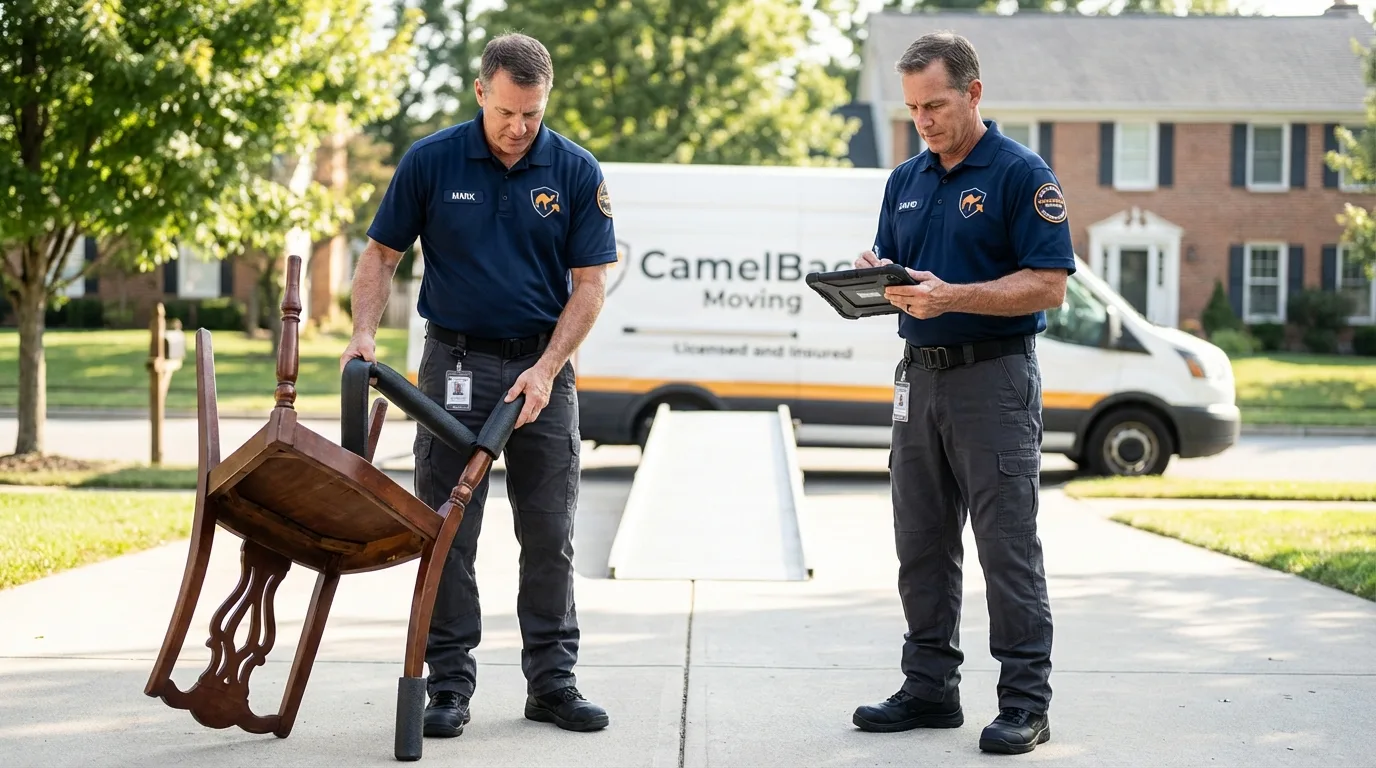 Movers inspecting furniture for damage prevention before loading in Shinglehouse, PA